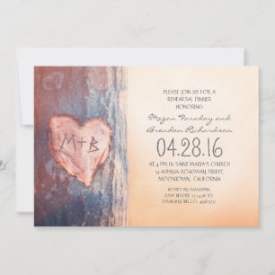 Rustic carved heart tree rehearsal dinner invitation