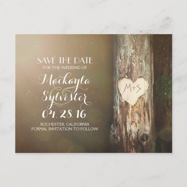 rustic carved heart tree save the date postcards (Front)