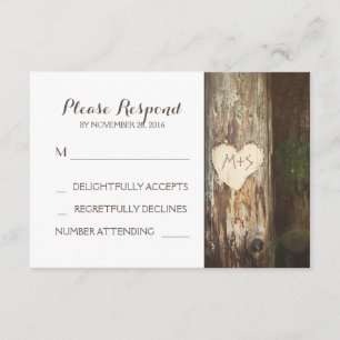 Rustic carved heart tree wedding RSVP cards