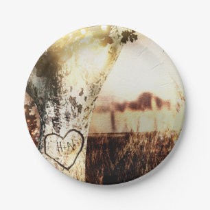 Rustic Carved Tree & String Lights Country Wedding Paper Plate