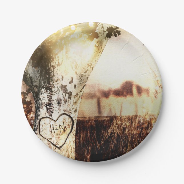 Rustic Carved Tree & String Lights Country Wedding Paper Plate (Front)