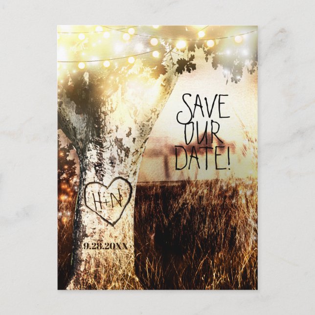 Rustic Carved Tree & String Lights Save The Date Announcement Postcard (Front)