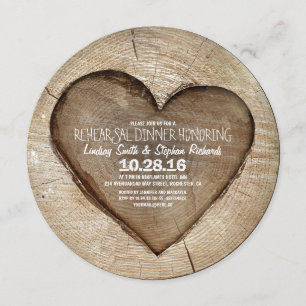 Rustic carved tree wood heart rehearsal dinner invitation