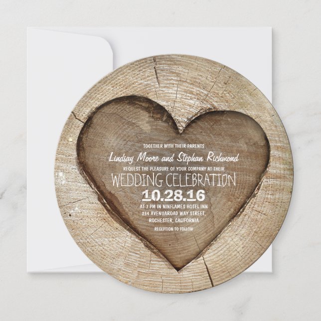 Rustic carved tree wood heart wedding invitation (Front)