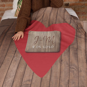 Rustic carved wood couple names monogram initials fleece blanket