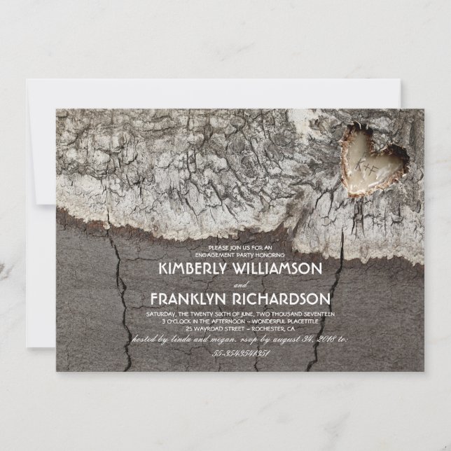 Rustic Carved Wood Heart Tree Engagement Party Invitation (Front)