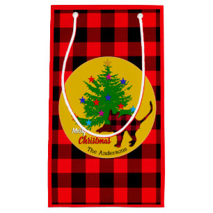 Rustic Cat, Christmas Tree, Family name, Red plaid Small Gift Bag