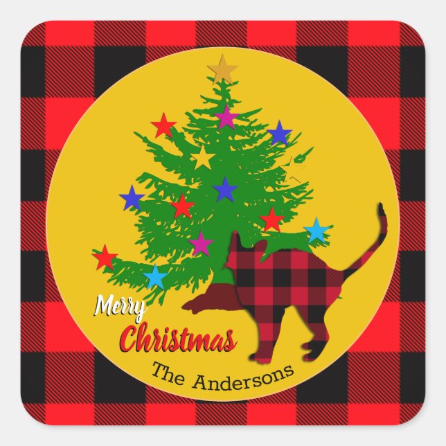 Rustic Cat, Christmas Tree, Family name, Red plaid Square Sticker (Front)