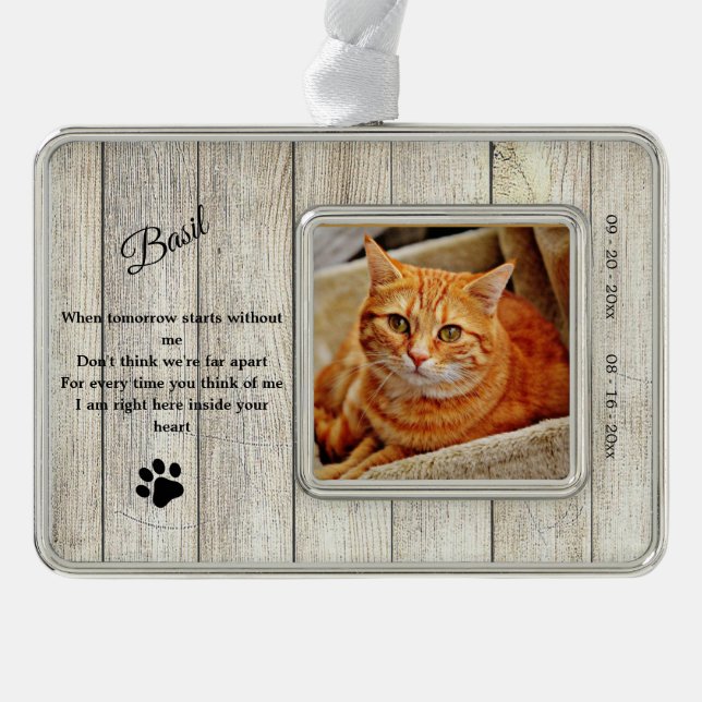 Rustic Cat Memorial Photo Quote Ornament (Front)