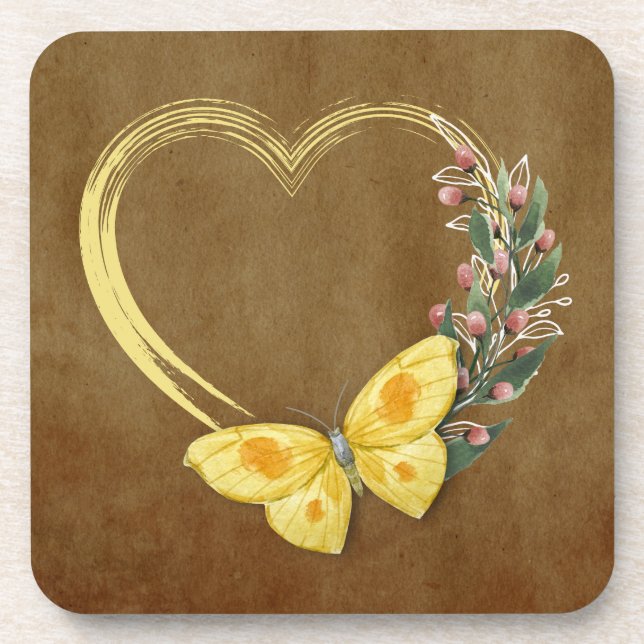 Rustic Celebration Heart & Butterfly Favour Coaste Coaster (Front)