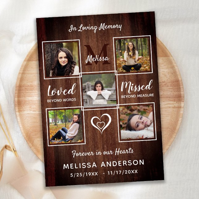 Rustic Celebration Of Life 5 Photo Memorial Invitation (Creator Uploaded)
