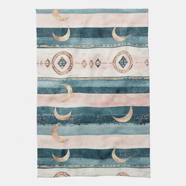 Rustic Celestial Stripe Moon Sun Earthy (10) Tea Towel (Vertical)
