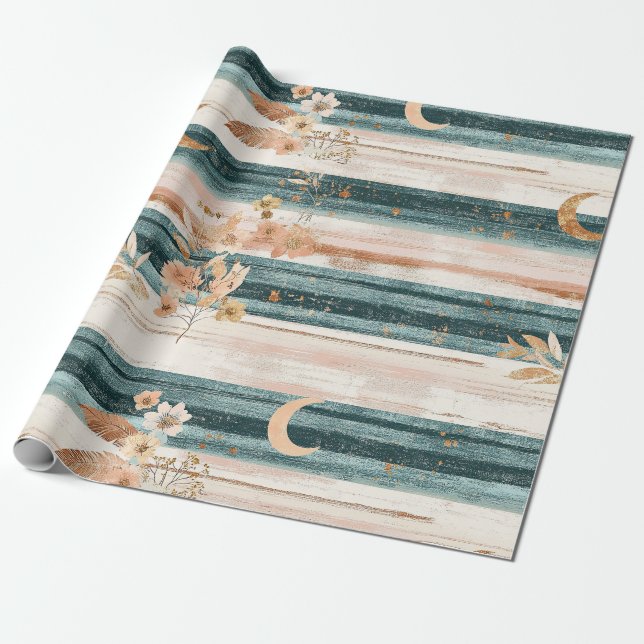 Rustic Celestial Stripe Moon Sun Earthy (11) Wrapping Paper (Unrolled)