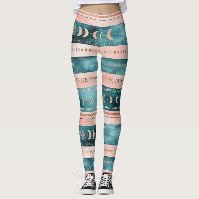 Rustic Celestial Stripe Moon Sun Earthy Leggings (Front)