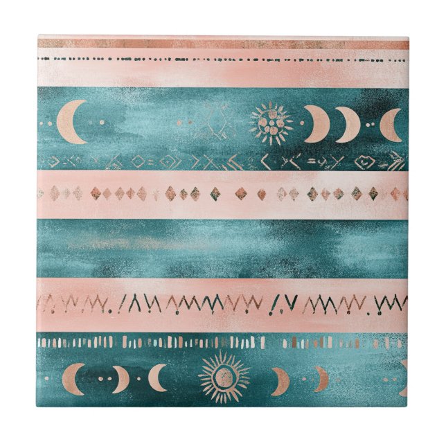 Rustic Celestial Stripe Moon Sun Earthy Tile (Front)
