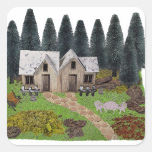 Rustic chalet with stepping stones for summer camp square sticker