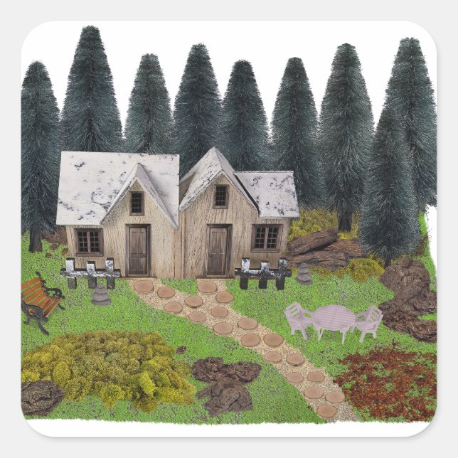 Rustic chalet with stepping stones for summer camp square sticker (Front)
