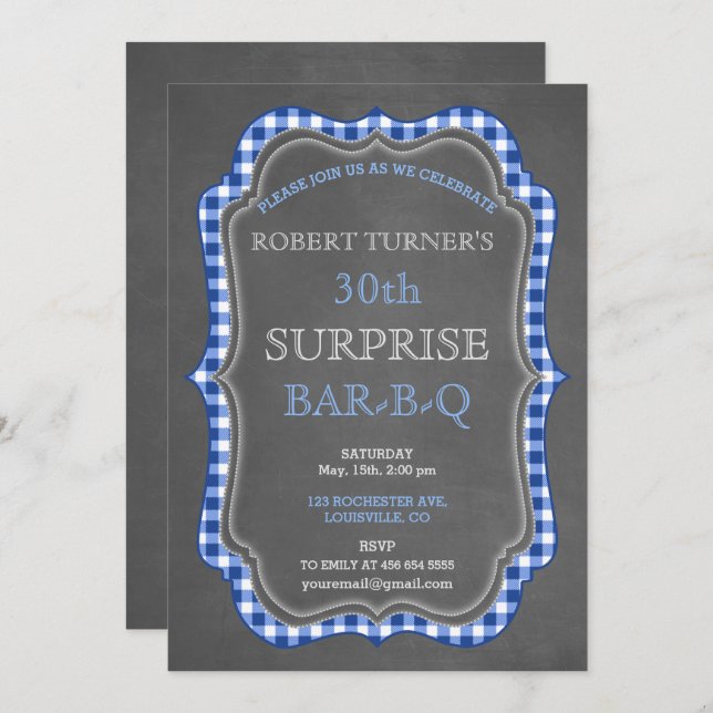 Rustic Chalk Gingham Surprise Birthday BBQ Invite (Front/Back)
