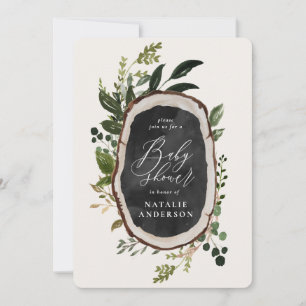 Rustic chalk + wood slice baby shower invitation
