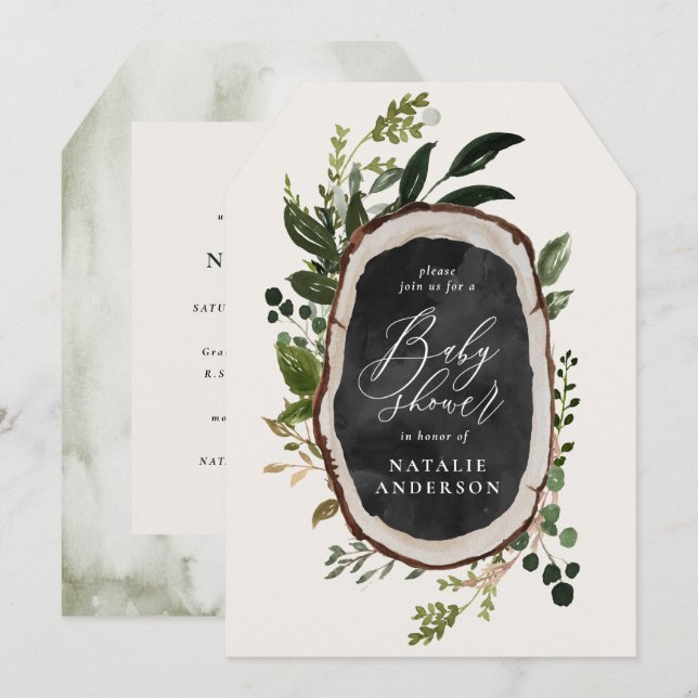 Rustic chalk + wood slice baby shower invitation (Front/Back)