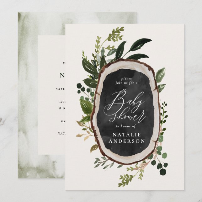 Rustic chalk + wood slice baby shower invitation (Front/Back)