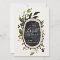 Rustic chalk + wood slice bridal shower invitation