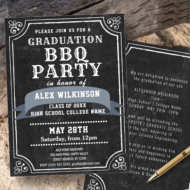 Rustic Chalkboard Backyard BBQ Party Simple GRAD Invitation (Creator Uploaded)