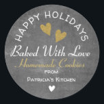 Rustic Chalkboard Baked With Love Holiday Cookies Classic Round Sticker<br><div class="desc">Baked With love stickers for your homemade cookies gift bags this holiday season. Personalise with your name.</div>