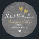Rustic Chalkboard Baked With Love Homemade Cookies Classic Round Sticker<br><div class="desc">Rustic Chalkboard from the kitchen of stickers for your homemade cookies and cupcakes. Personalise with your name.</div>