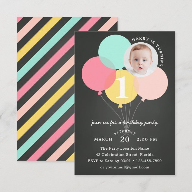 Rustic Chalkboard Balloon First 1st Photo Birthday Invitation (Front/Back)