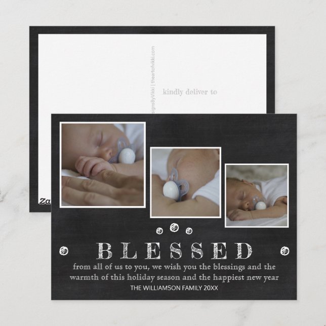 Rustic Chalkboard Blessed Chic 3 Photo Holiday Postcard (Front/Back)
