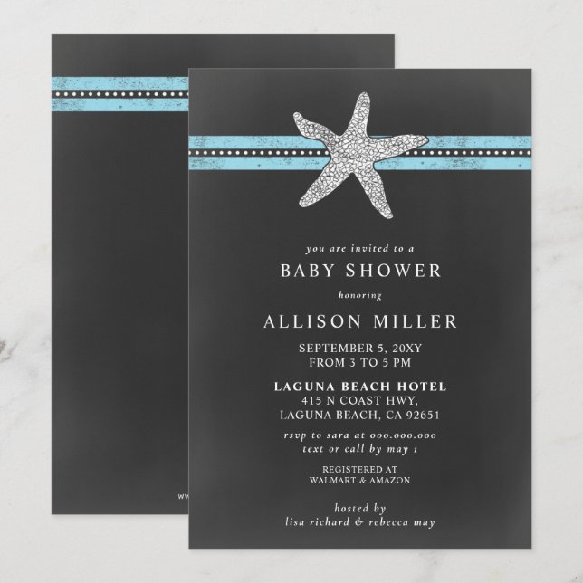 Rustic Chalkboard Blue Starfish Beach Baby Shower Invitation (Front/Back)