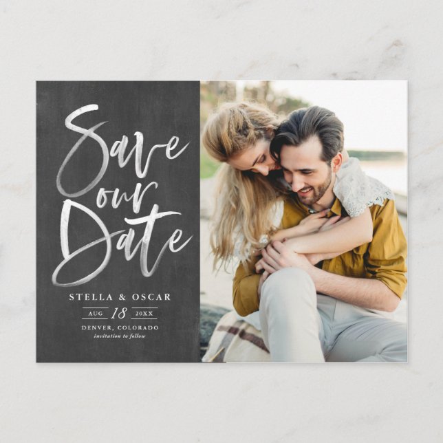 Rustic Chalkboard Brush Calligraphy Save Our Date Announcement Postcard (Front)