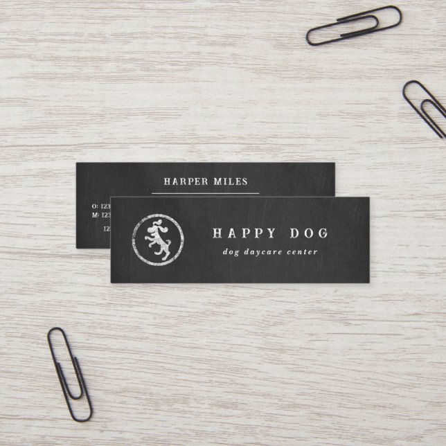 Rustic chalkboard dancing dog logo  mini business card (Front/Back In Situ)