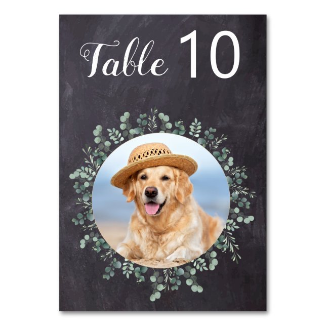 Rustic Chalkboard Dog Photo Pet Wedding Eucalyptus Table Number (Front)