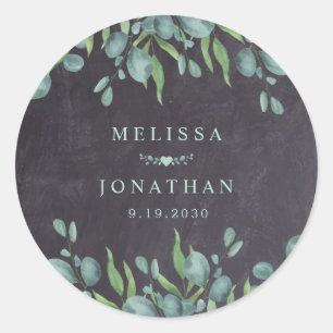 Rustic Chalkboard Eucalyptus Greenery Wedding Classic Round Sticker
