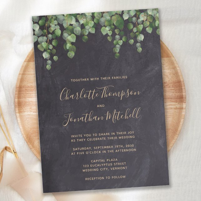 Rustic Chalkboard Eucalyptus Greenery Wedding Invitation (Creator Uploaded)