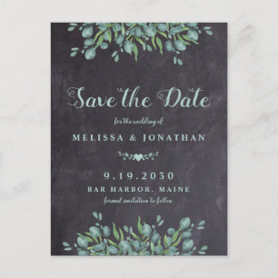 Rustic Chalkboard Eucalyptus Greenery Wedding Save Announcement Postcard
