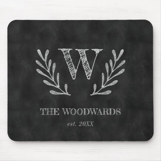 Rustic Chalkboard Family Monogram Laurel Wreath Mouse Mat (Front)