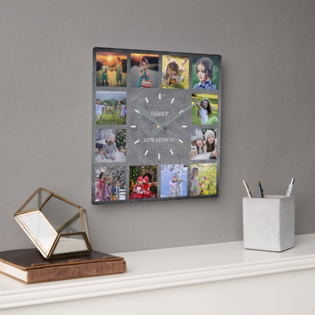 Rustic chalkboard Family photo collage monogram Square Wall Clock (Office)