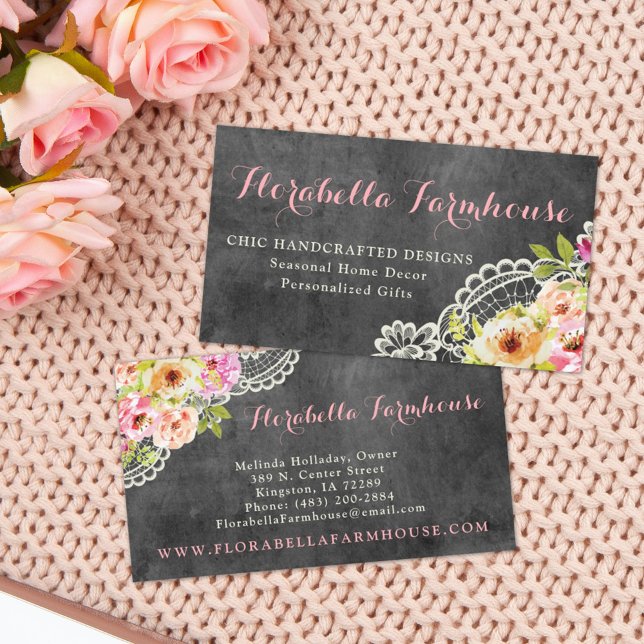 Rustic Chalkboard Farmhouse Roses Lace Shabby Chic Business Card (Creator Uploaded)