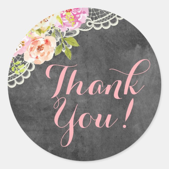 Rustic Chalkboard Farmhouse Roses Lace Thank You Classic Round Sticker (Front)