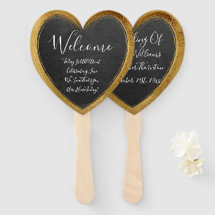 Rustic Chalkboard Faux Gold Wedding Heart Welcome Hand Fan