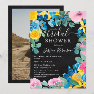 Rustic chalkboard floral photo bridal shower invitation
