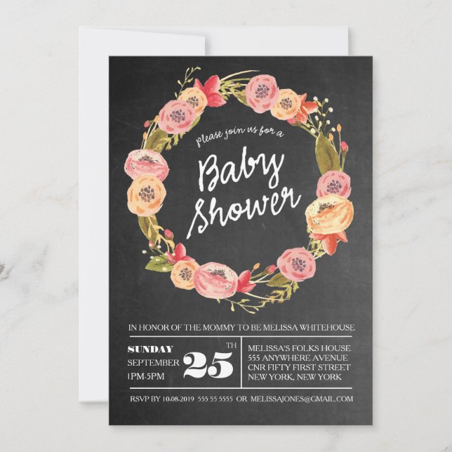 Rustic Chalkboard Floral Wreath BABY Shower Invite (Front)