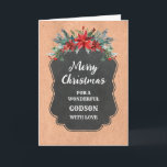 Rustic Chalkboard Godson Merry Christmas Card<br><div class="desc">Merry Christmas for godson card with rustic country chalkboard pattern and winter foliage with poinsettias.</div>