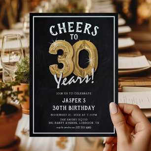 Rustic Chalkboard Gold Balloons 30th Birthday Invitation
