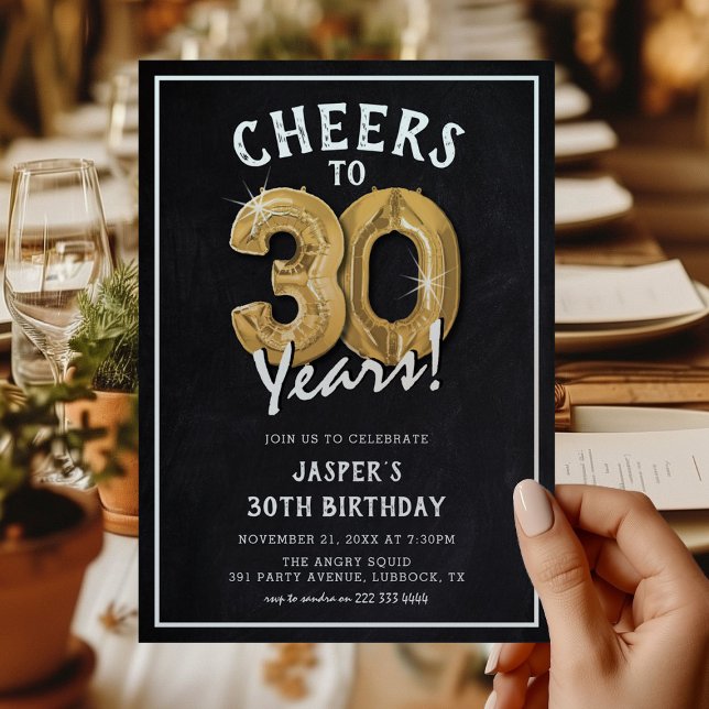Rustic Chalkboard Gold Balloons 30th Birthday Invitation (Creator Uploaded)