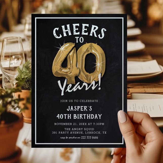 Rustic Chalkboard Gold Balloons 40th Birthday Invitation (Creator Uploaded)