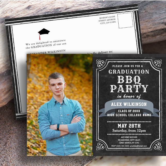 Rustic Chalkboard Graduation BBQ Party Invitation Postcard (Creator Uploaded)